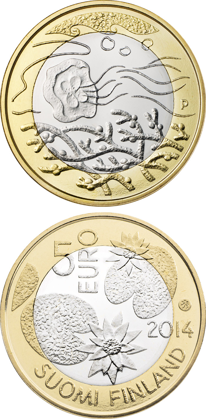 Image of 5 euro coin - Northern Nature – Water | Finland 2014.  The Bimetal: CuNi, nordic gold coin is of Proof, UNC quality.
