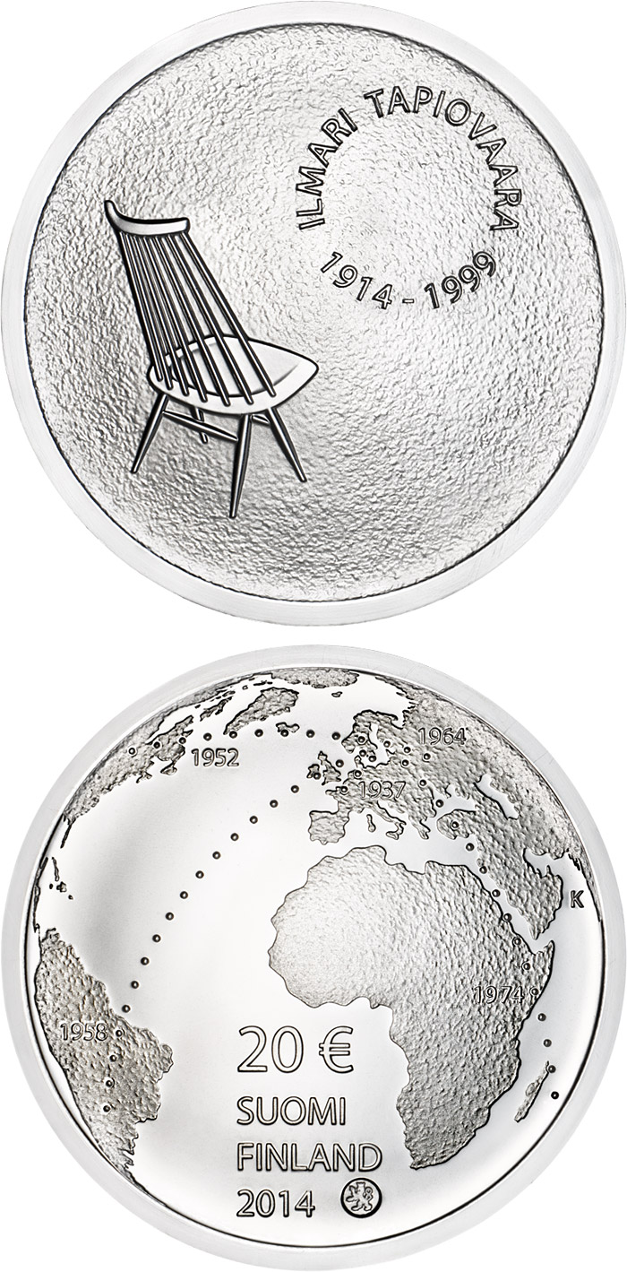 Image of 20 euro coin - Ilmari Tapiovaara and the Art of Interior Design | Finland 2014.  The Silver coin is of Proof, BU quality.