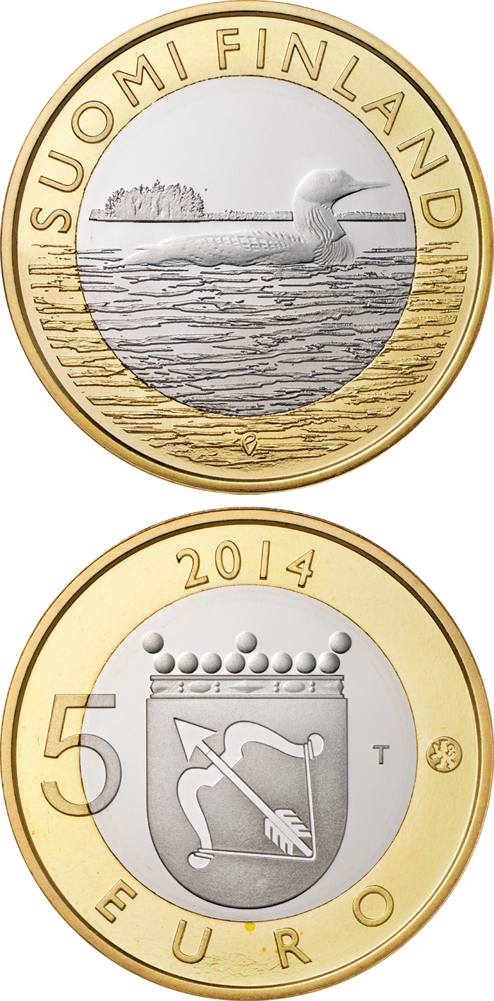 Image of 5 euro coin - Animals of the Provinces – Savonia: The black-throated loon | Finland 2014.  The Bimetal: CuNi, nordic gold coin is of Proof, UNC quality.