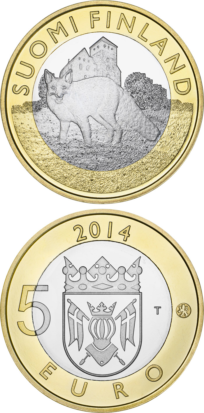 Image of 5 euro coin - Animals of the Provinces – Finland Proper: The Wily Fox | Finland 2014.  The Bimetal: CuNi, nordic gold coin is of Proof, UNC quality.