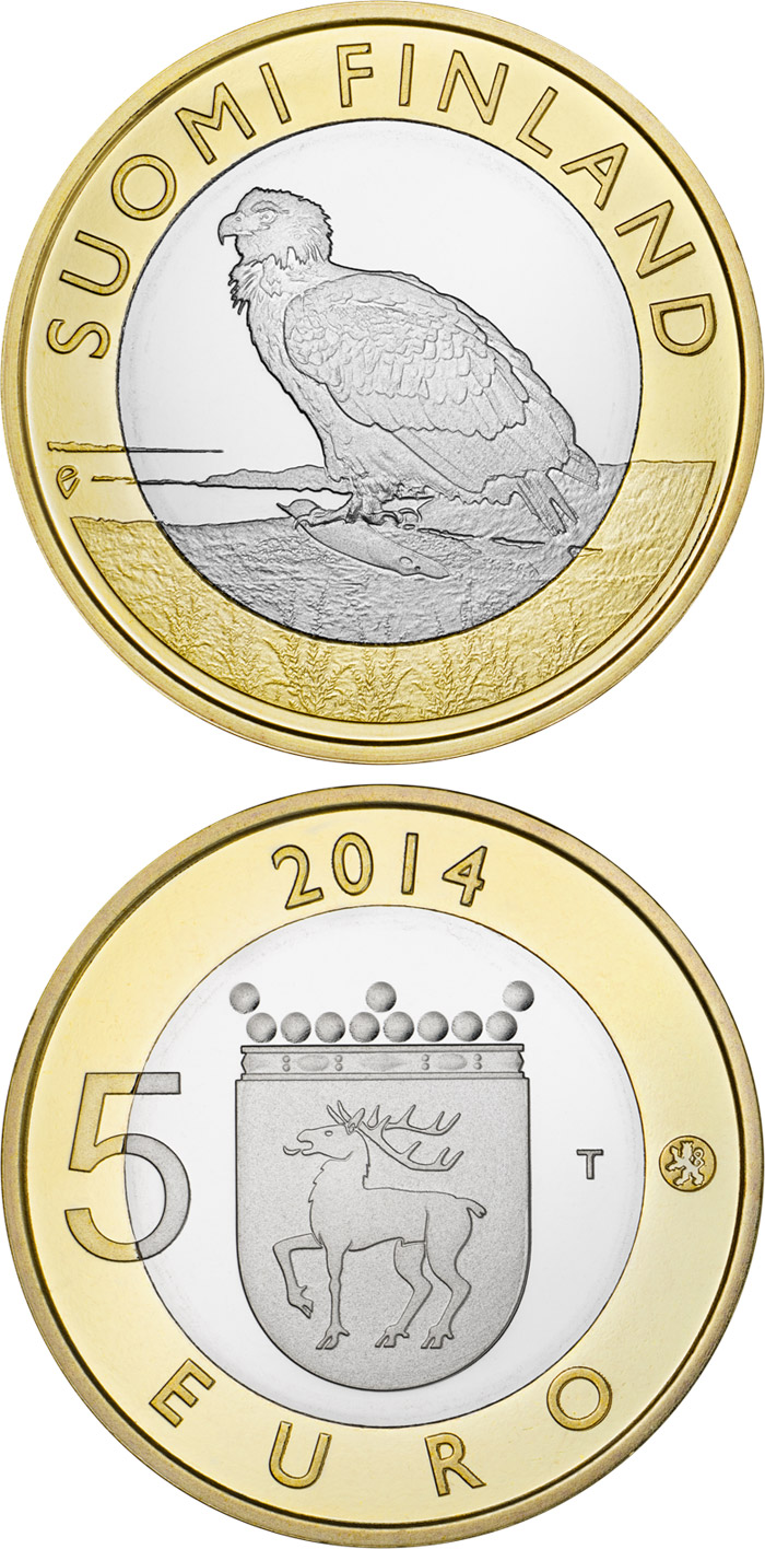 Image of 5 euro coin - Animals of the Provinces – Åland: The  White-tailed Eagle | Finland 2014.  The Bimetal: CuNi, nordic gold coin is of Proof, UNC quality.
