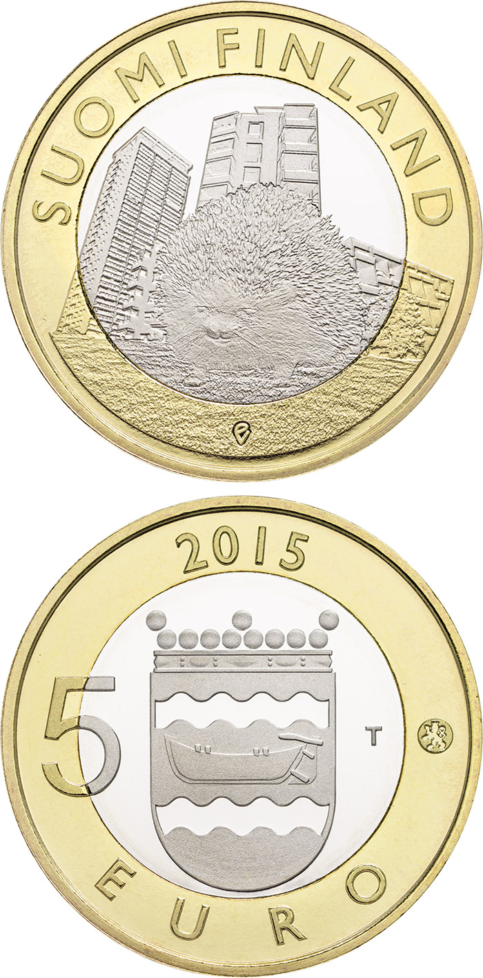 Image of 5 euro coin - Animals of the Provinces – Uusimaa | Finland 2015.  The Bimetal: CuNi, nordic gold coin is of Proof, UNC quality.