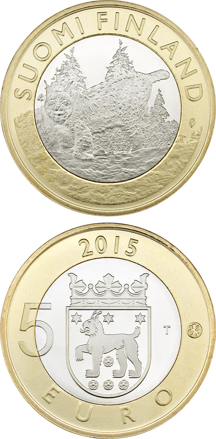 Image of 5 euro coin - Animals of the Provinces – Tavastia | Finland 2015.  The Bimetal: CuNi, nordic gold coin is of Proof, UNC quality.