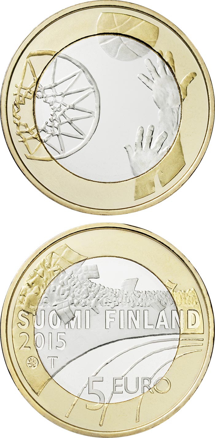 Image of 5 euro coin - Basketball  | Finland 2015.  The Bimetal: CuNi, nordic gold coin is of Proof, UNC quality.