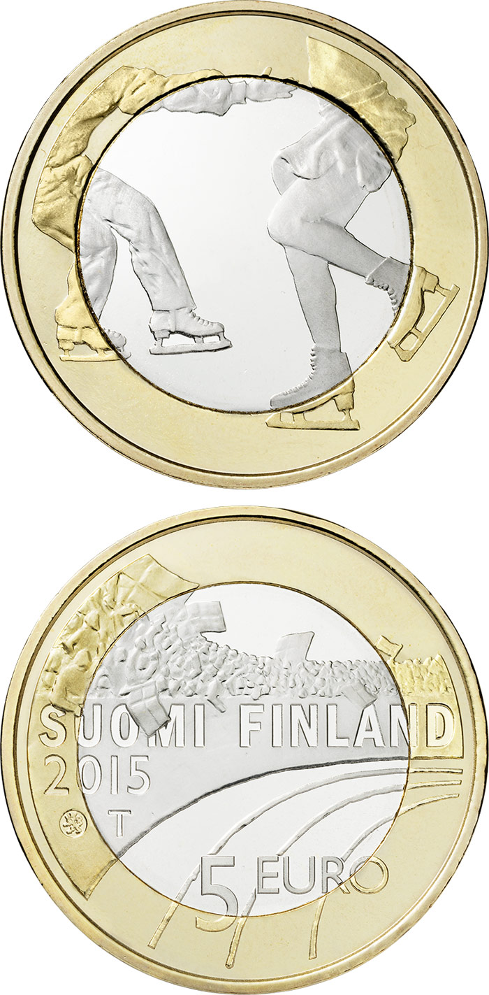 Image of 5 euro coin - Figure skating  | Finland 2015.  The Bimetal: CuNi, nordic gold coin is of Proof, UNC quality.