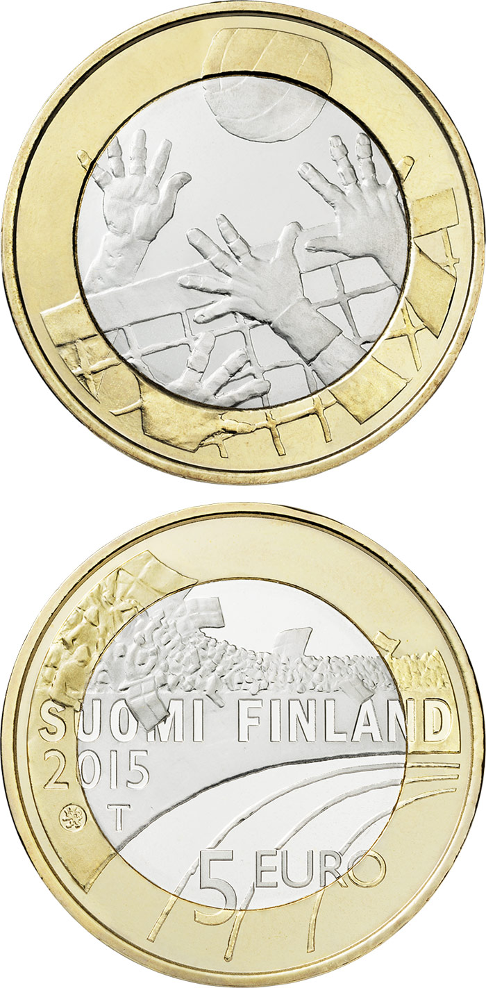 Image of 5 euro coin - Volleyboll  | Finland 2015.  The Bimetal: CuNi, nordic gold coin is of Proof, UNC quality.