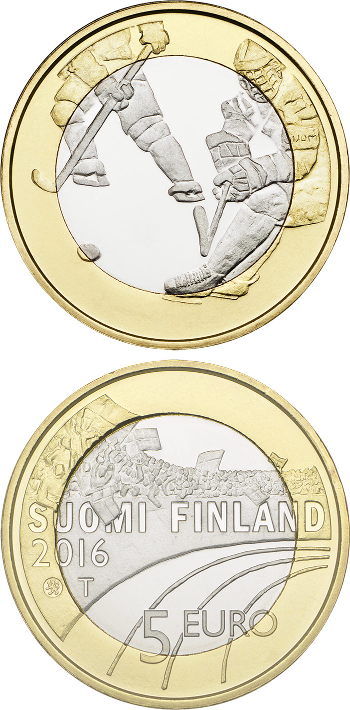 Image of 5 euro coin - Ice Hockey | Finland 2016.  The Bimetal: CuNi, nordic gold coin is of Proof, UNC quality.