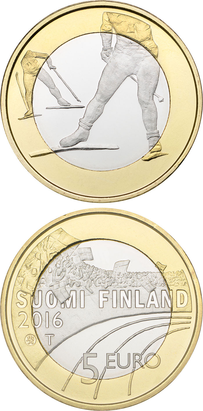 Image of 5 euro coin - Skiing  | Finland 2016.  The Bimetal: CuNi, nordic gold coin is of Proof, UNC quality.