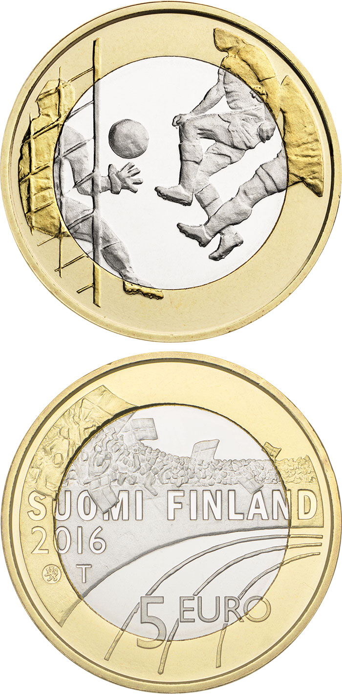 Image of 5 euro coin - Football  | Finland 2016.  The Bimetal: CuNi, nordic gold coin is of Proof, UNC quality.