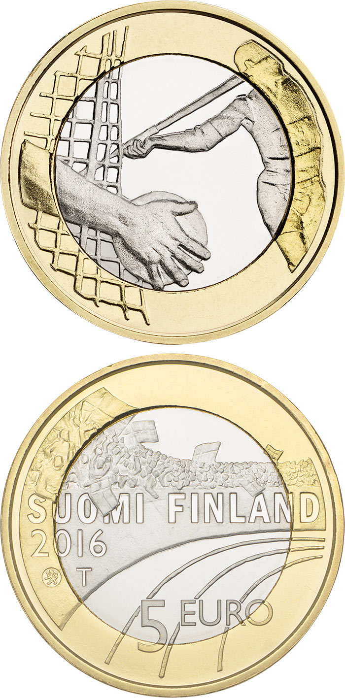 Image of 5 euro coin - Athletics  | Finland 2016.  The Bimetal: CuNi, nordic gold coin is of Proof, UNC quality.