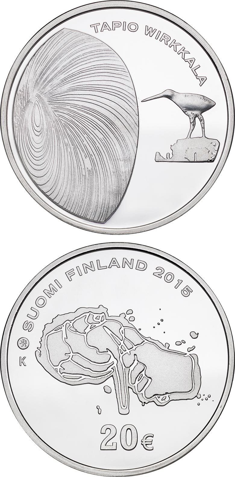 Image of 20 euro coin - 150th Anniversary of the Birth of Tapio Wirkkala | Finland 2015.  The Silver coin is of Proof, BU quality.