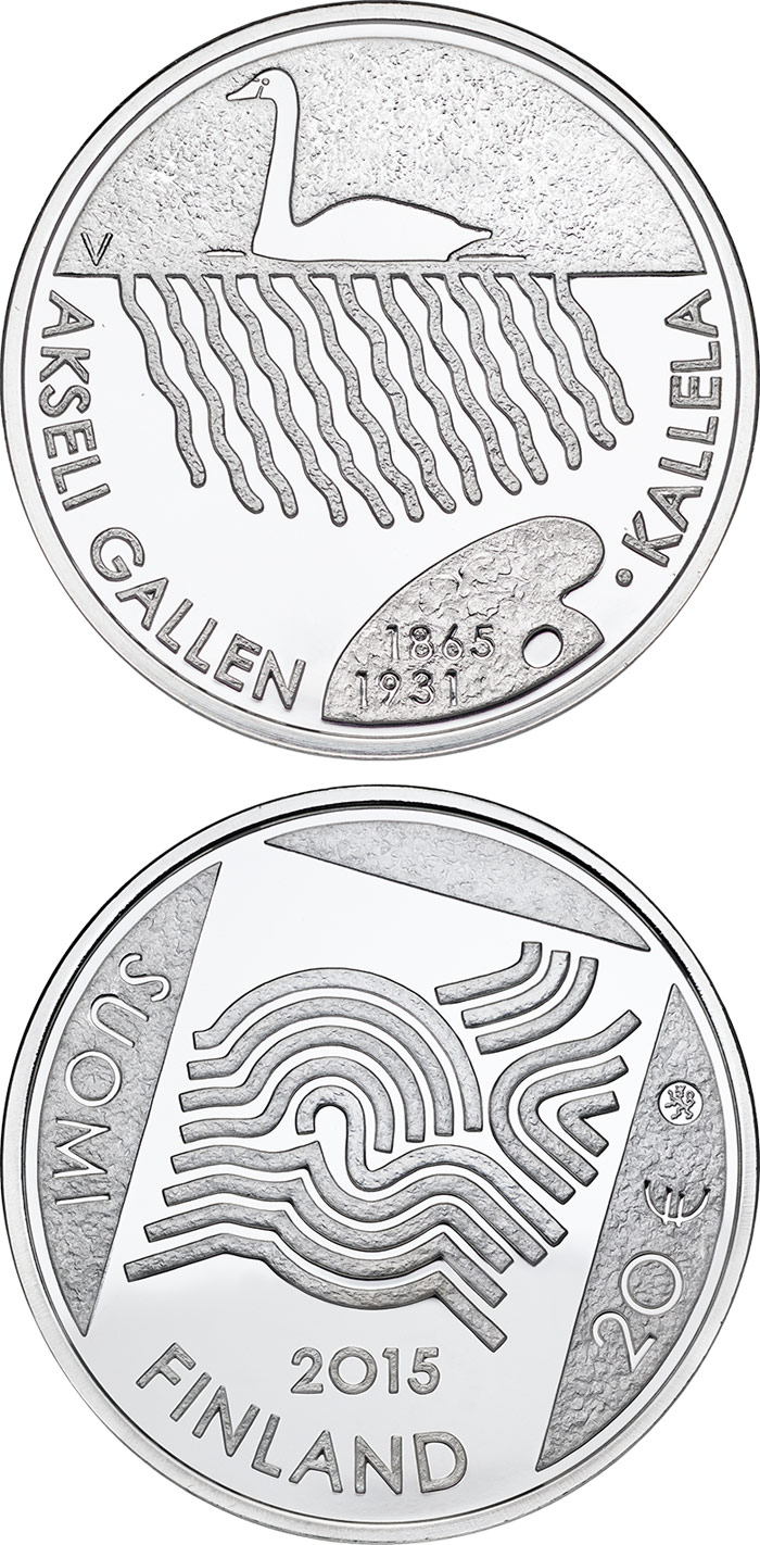 Image of 20 euro coin - 150th Anniversary of the Birth of Akseli Gallen-Kallela | Finland 2015.  The Silver coin is of Proof, BU quality.