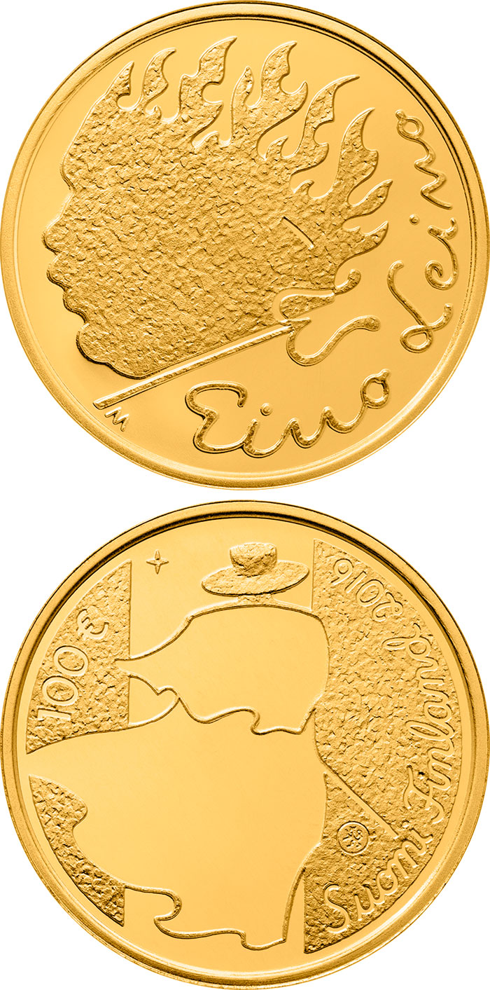 Image of 100 euro coin - Eino Leino | Finland 2016.  The Gold coin is of Proof quality.