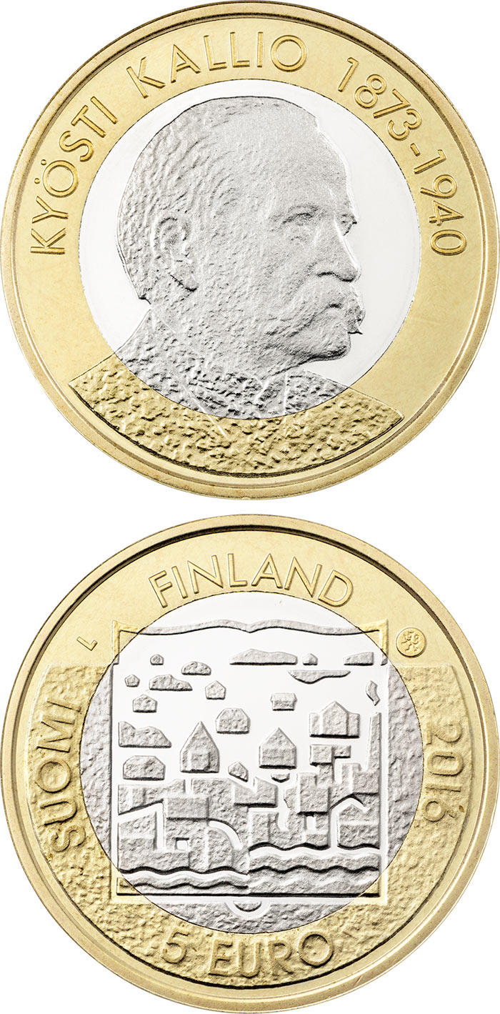 Image of 5 euro coin - Kyösti Kallio | Finland 2016.  The Bimetal: CuNi, nordic gold coin is of Proof, UNC quality.