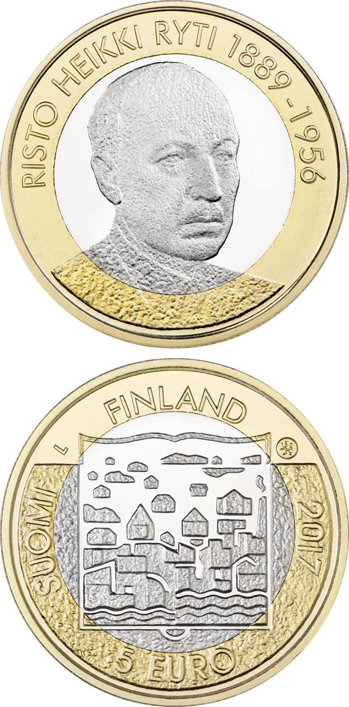 Image of 5 euro coin - Risto Ryti | Finland 2017.  The Bimetal: CuNi, nordic gold coin is of Proof, UNC quality.