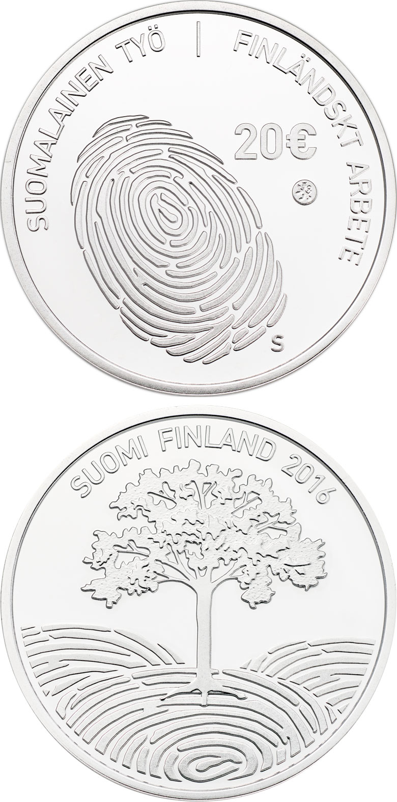 Image of 20 euro coin - Finnish work | Finland 2016.  The Silver coin is of Proof, BU quality.