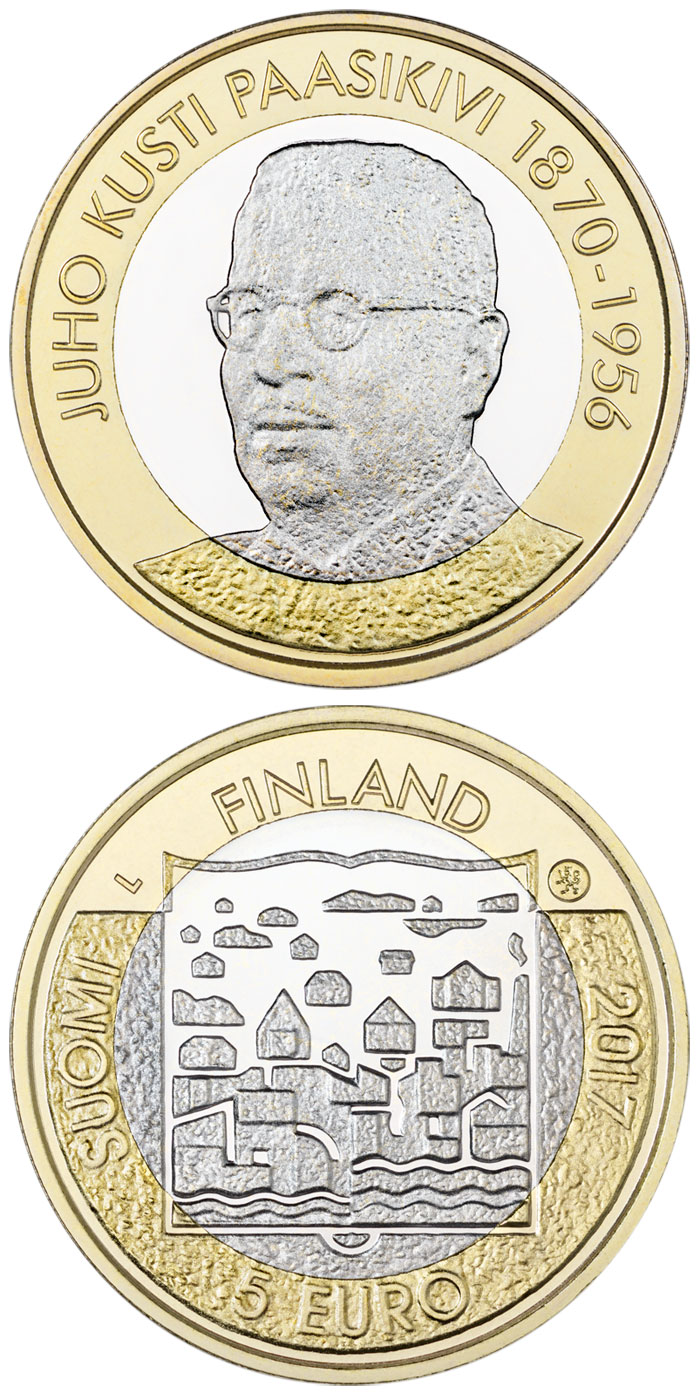 Image of 5 euro coin - J.K.Paasikivi | Finland 2017.  The Bimetal: CuNi, nordic gold coin is of Proof, UNC quality.