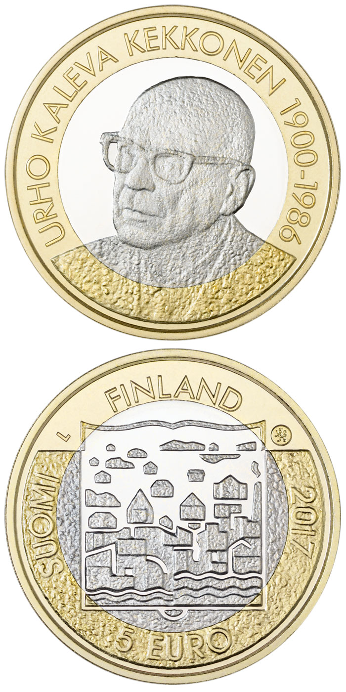 Image of 5 euro coin - U.K.Kekkonen | Finland 2017.  The Bimetal: CuNi, nordic gold coin is of Proof, UNC quality.
