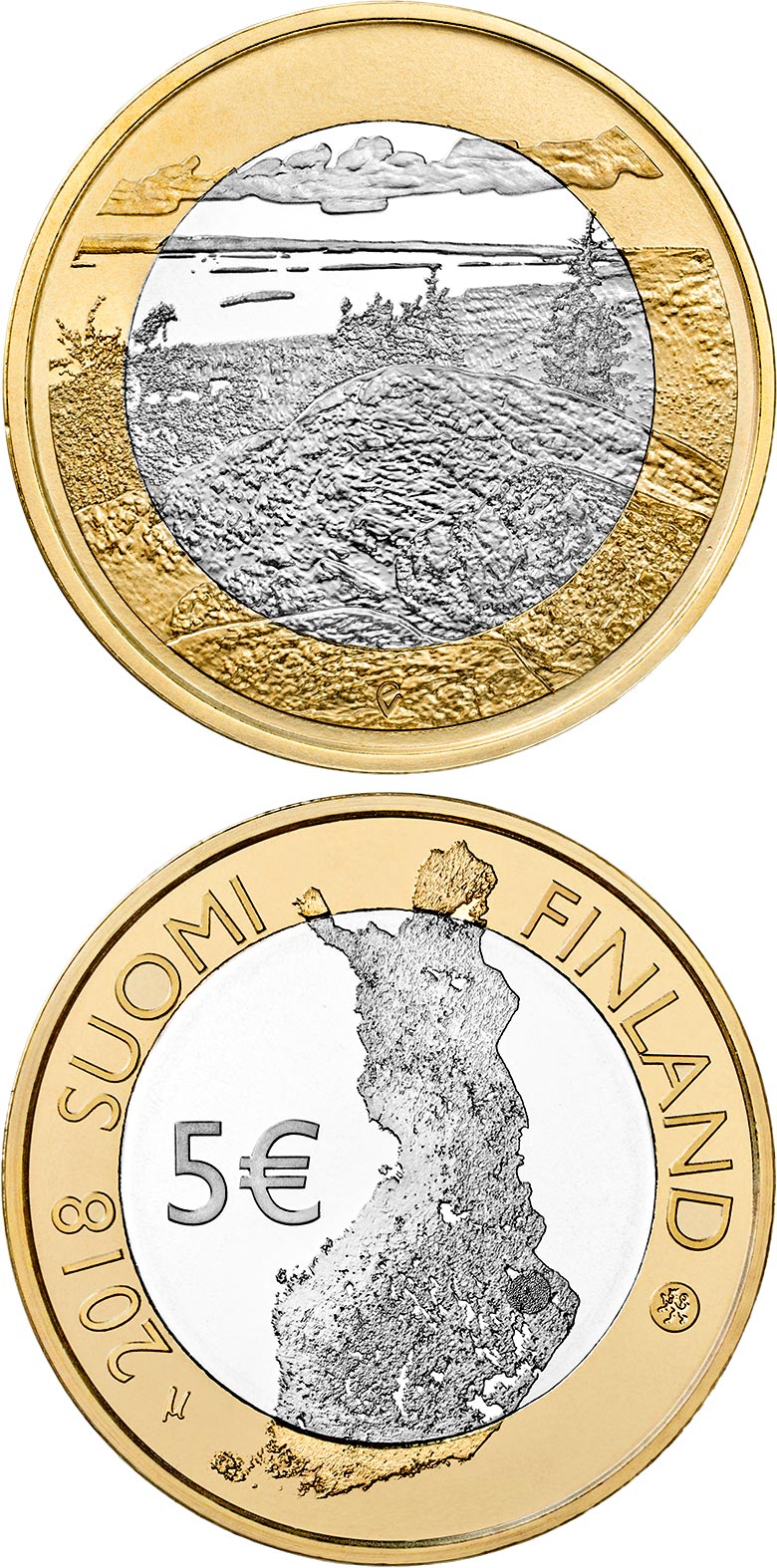 Image of 5 euro coin - Koli National Park | Finland 2018.  The Bimetal: CuNi, nordic gold coin is of Proof, UNC quality.