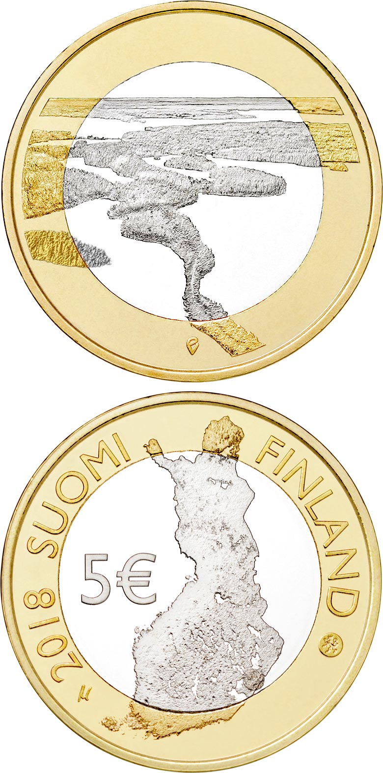 Image of 5 euro coin - Punkaharju Ridge | Finland 2018.  The Bimetal: CuNi, nordic gold coin is of Proof, UNC quality.
