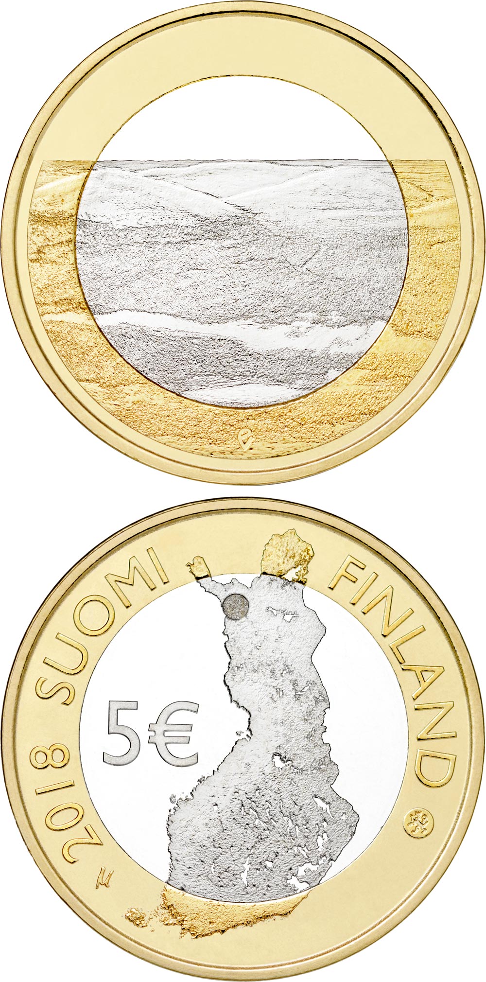 Image of 5 euro coin - Pallastunturi Fells | Finland 2018.  The Bimetal: CuNi, nordic gold coin is of Proof, UNC quality.