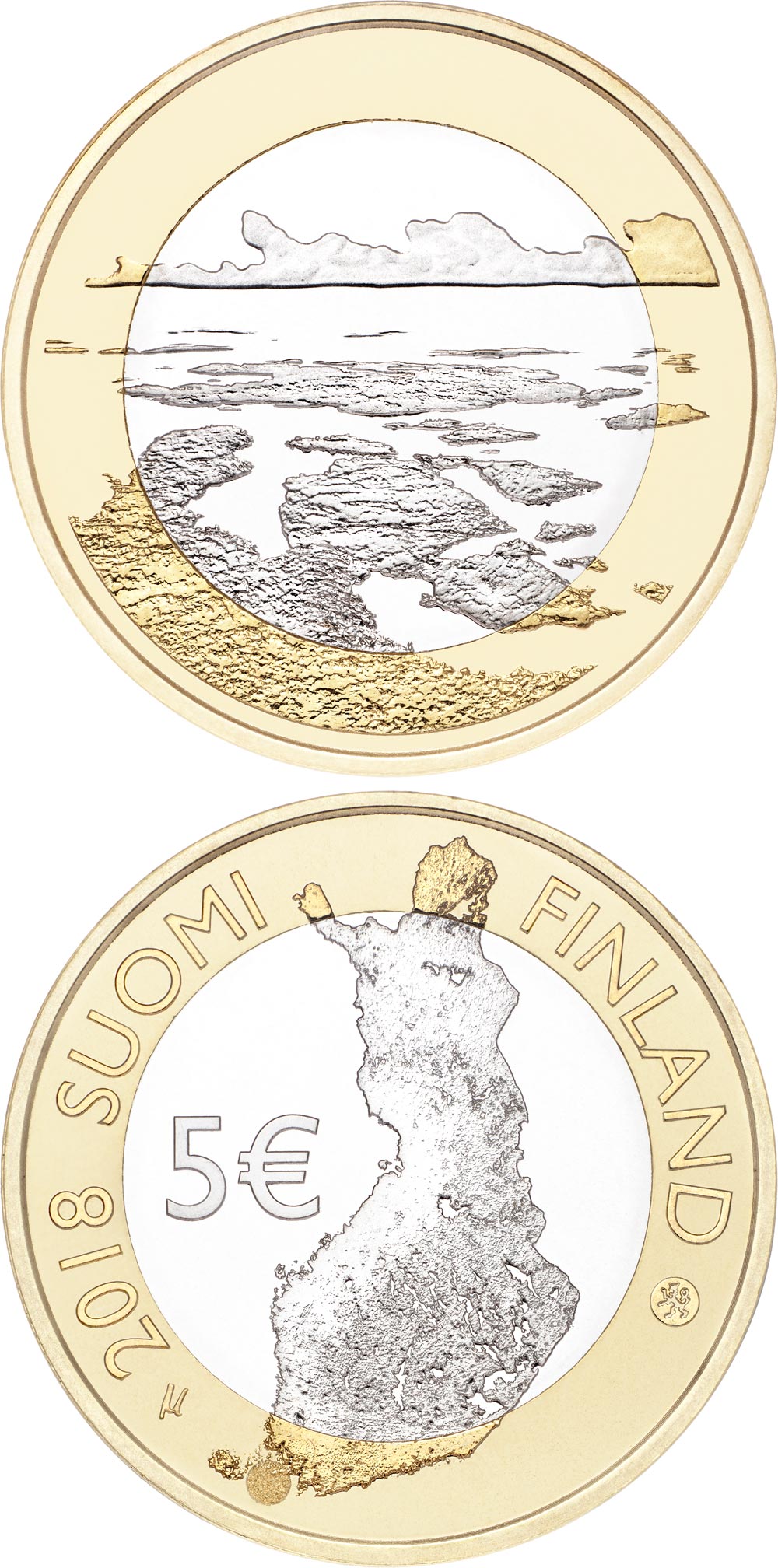 Image of 5 euro coin - The Archipelago Sea | Finland 2018.  The Bimetal: CuNi, nordic gold coin is of Proof, UNC quality.