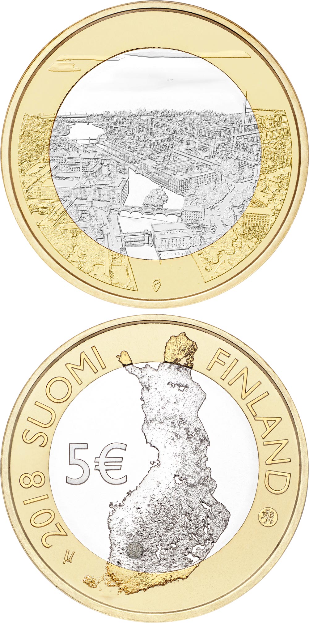 Image of 5 euro coin - Tammerkoski rapids | Finland 2018.  The Bimetal: CuNi, nordic gold coin is of Proof, UNC quality.