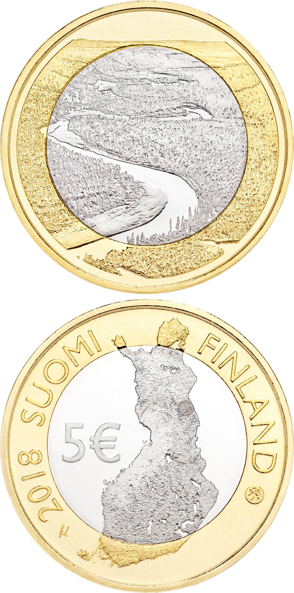 Image of 5 euro coin - Oulankajoki river natural and cultural landscapes | Finland 2018.  The Bimetal: CuNi, nordic gold coin is of Proof, UNC quality.