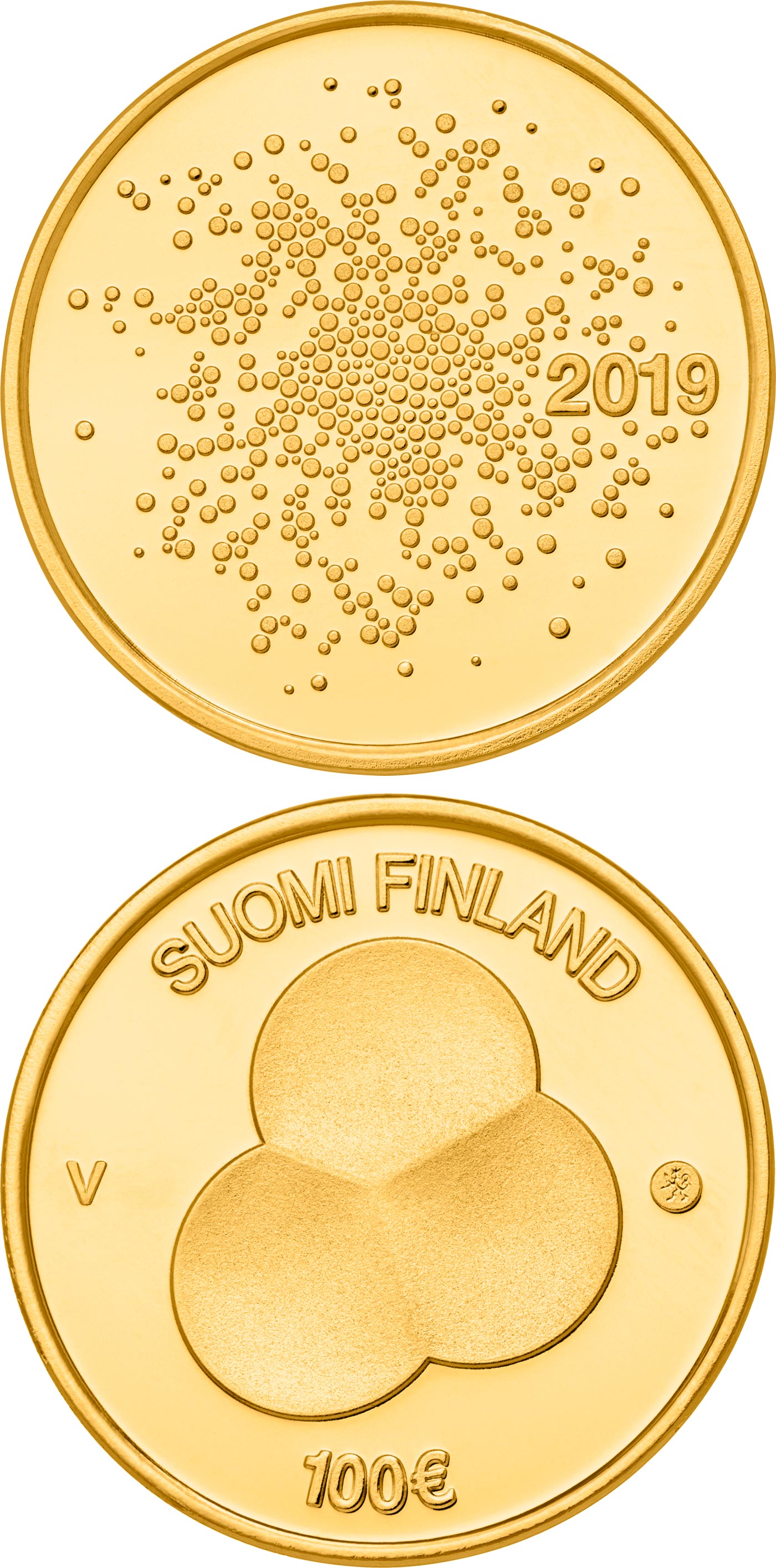 Image of 100 euro coin - Constitution Act of Finland 1919 | Finland 2019.  The Gold coin is of Proof quality.