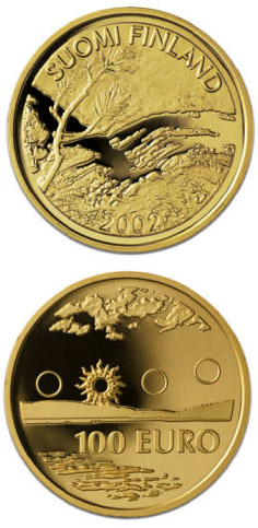 Image of 100 euro coin - First Finnish Gold Euro  | Finland 2002.  The Gold coin is of Proof quality.