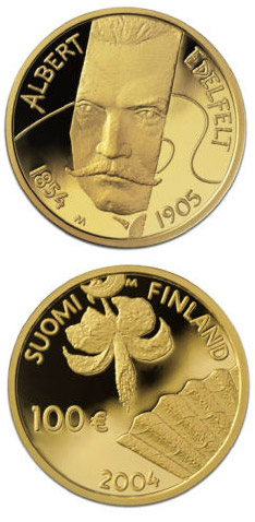 Image of 100 euro coin - Albert Edelfelt and painting  | Finland 2004.  The Gold coin is of Proof quality.