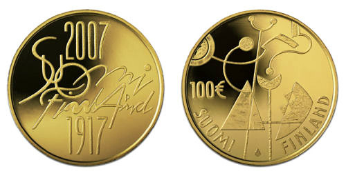 Image of 100 euro coin - Independent Finland 90 years  | Finland 2007.  The Gold coin is of Proof quality.