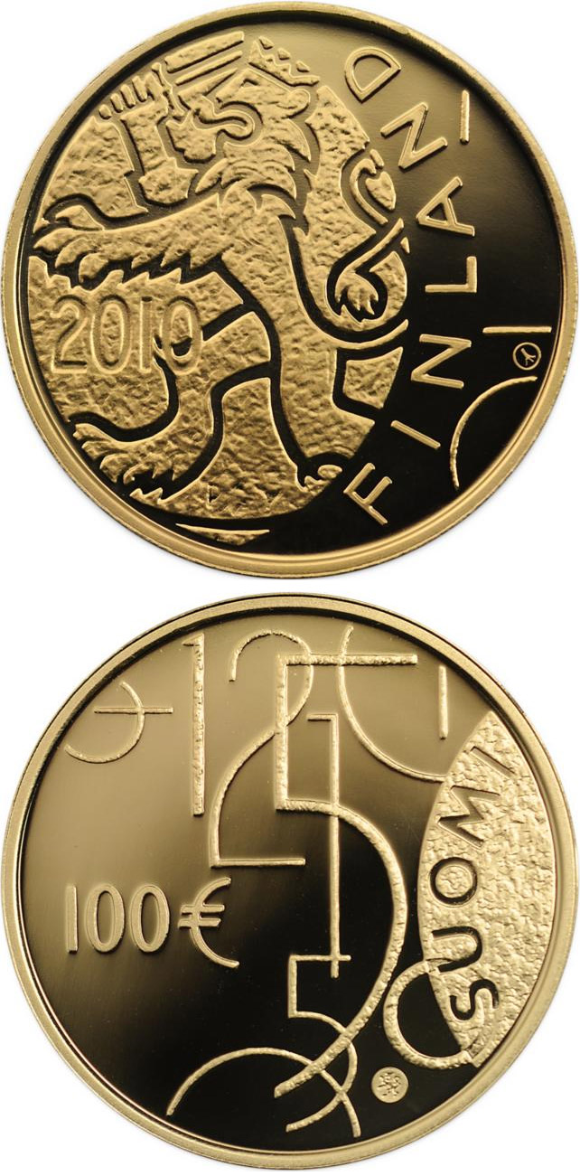 Image of 100 euro coin - Finnish currency 150 years  | Finland 2010.  The Gold coin is of Proof quality.