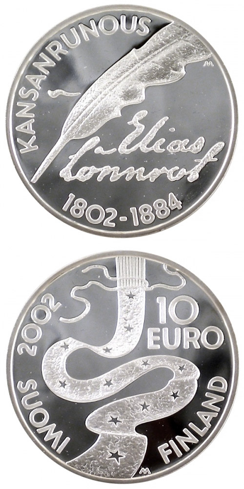 Image of 10 euro coin - Elias Lönnrot and folklore  | Finland 2002