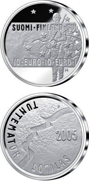 Image of 10 euro coin - Unknown Soldier and Finnish film art  | Finland 2005