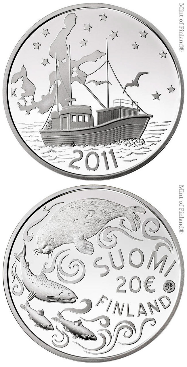 Image of 20 euro coin - Protecting the Baltic Sea | Finland 2011.  The Silver coin is of Proof, BU quality.