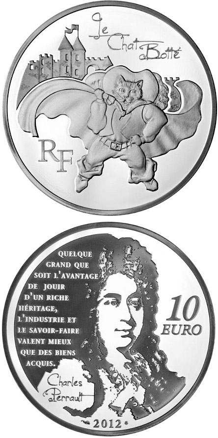 Image of 10 euro coin - Puss-in-boots | France 2012.  The Silver coin is of Proof quality.