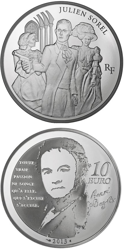 Image of 10 euro coin - Julien Sorel | France 2013.  The Silver coin is of Proof quality.