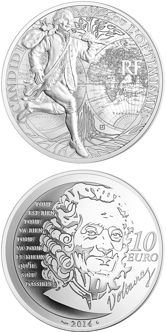 Image of 10 euro coin - Candide | France 2014.  The Silver coin is of Proof quality.