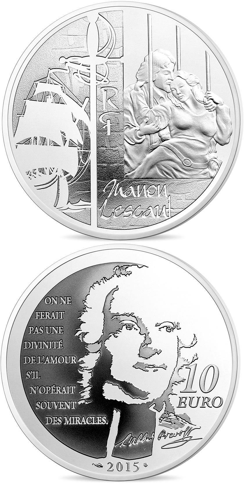 Image of 10 euro coin - Manon Lescaut | France 2015.  The Silver coin is of Proof quality.