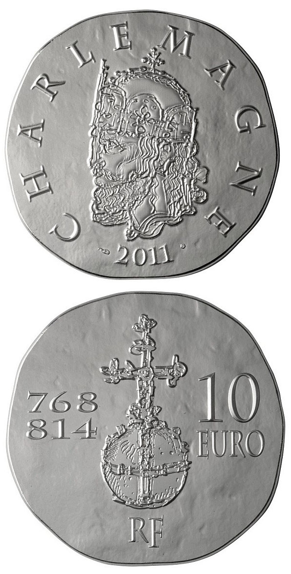 Image of 10 euro coin - Charlemagne | France 2011.  The Silver coin is of Proof quality.
