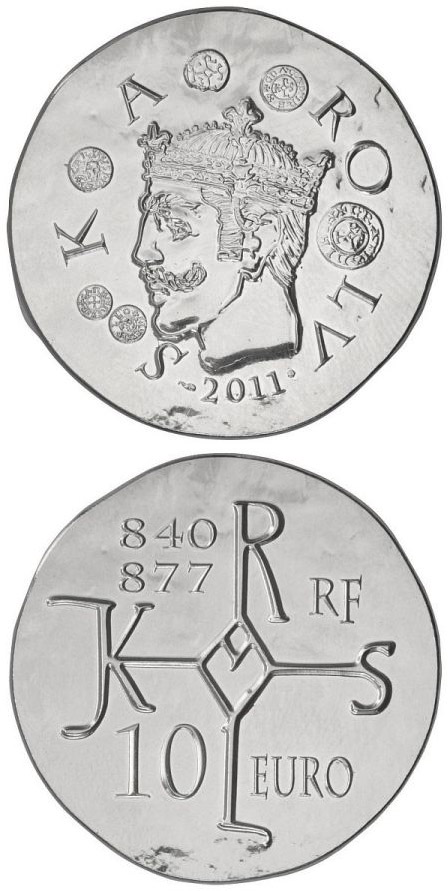 Image of 10 euro coin - Charles II the Bald | France 2011.  The Silver coin is of Proof quality.