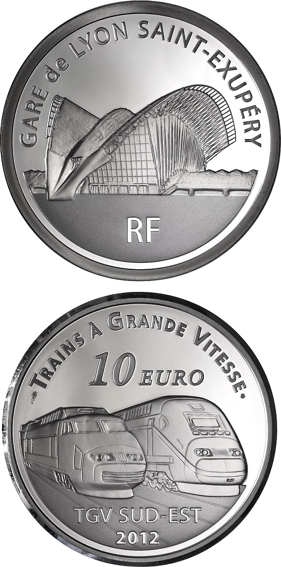 Image of 10 euro coin - Lyon Saint-ExupérystationTGV South East and the TGV Duplex | France 2012.  The Silver coin is of Proof quality.