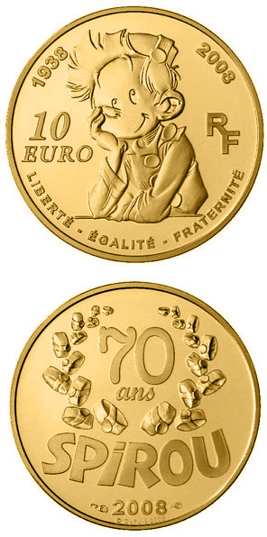 Image of 10 euro coin - Spirou  | France 2008.  The Gold coin is of Proof quality.