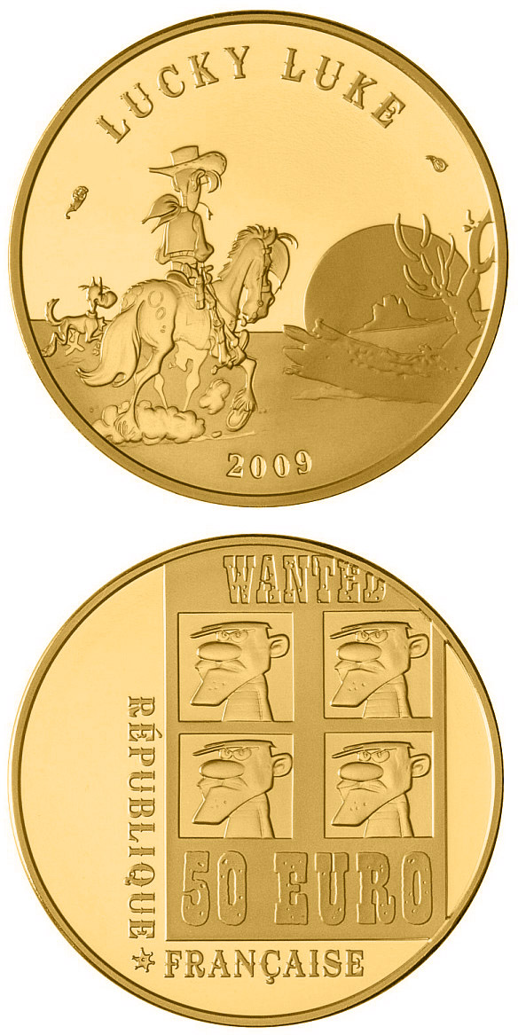 Image of 50 euro coin - Lucky Luke  | France 2009.  The Gold coin is of Proof quality.