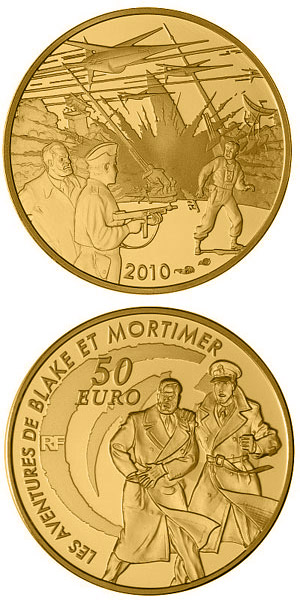Image of 50 euro coin - Blake and Mortimer | France 2010.  The Gold coin is of Proof quality.