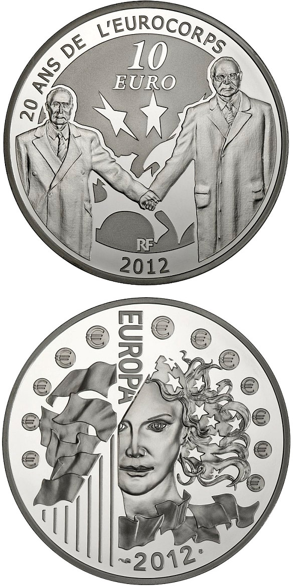 Image of 10 euro coin - Franco-German friendship: celebrating 20 years since the creation of Eurocorps | France 2012.  The Silver coin is of Proof quality.