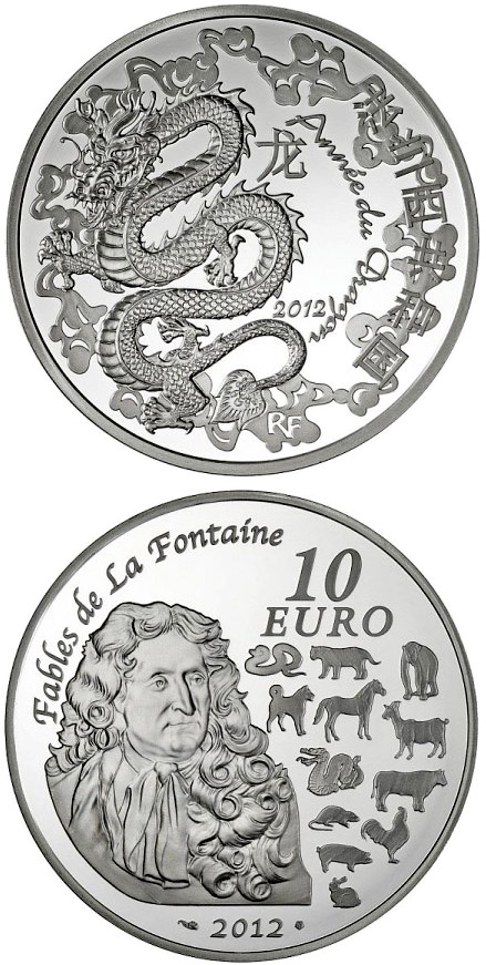 Image of 10 euro coin - Year of the Dragon | France 2012.  The Silver coin is of Proof quality.