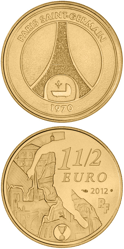 Image of 1.5 euro coin - Paris-Saint-Germain | France 2012.  The Copper–Nickel (CuNi) coin is of BU quality.