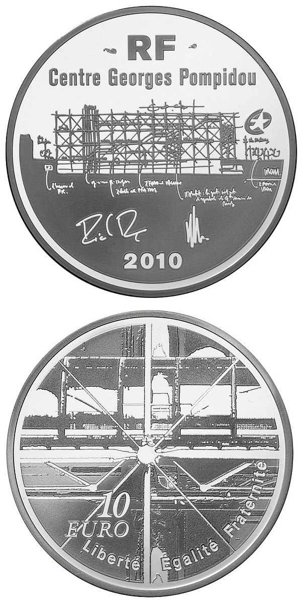 Image of 10 euro coin - European Architecture: Georges Pompidou Centre | France 2010.  The Silver coin is of Proof quality.